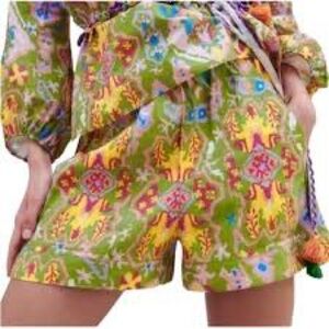 NWT ZARA Green Multicolor Aztec Printed Drawstring Linen Blend Beach Shorts S